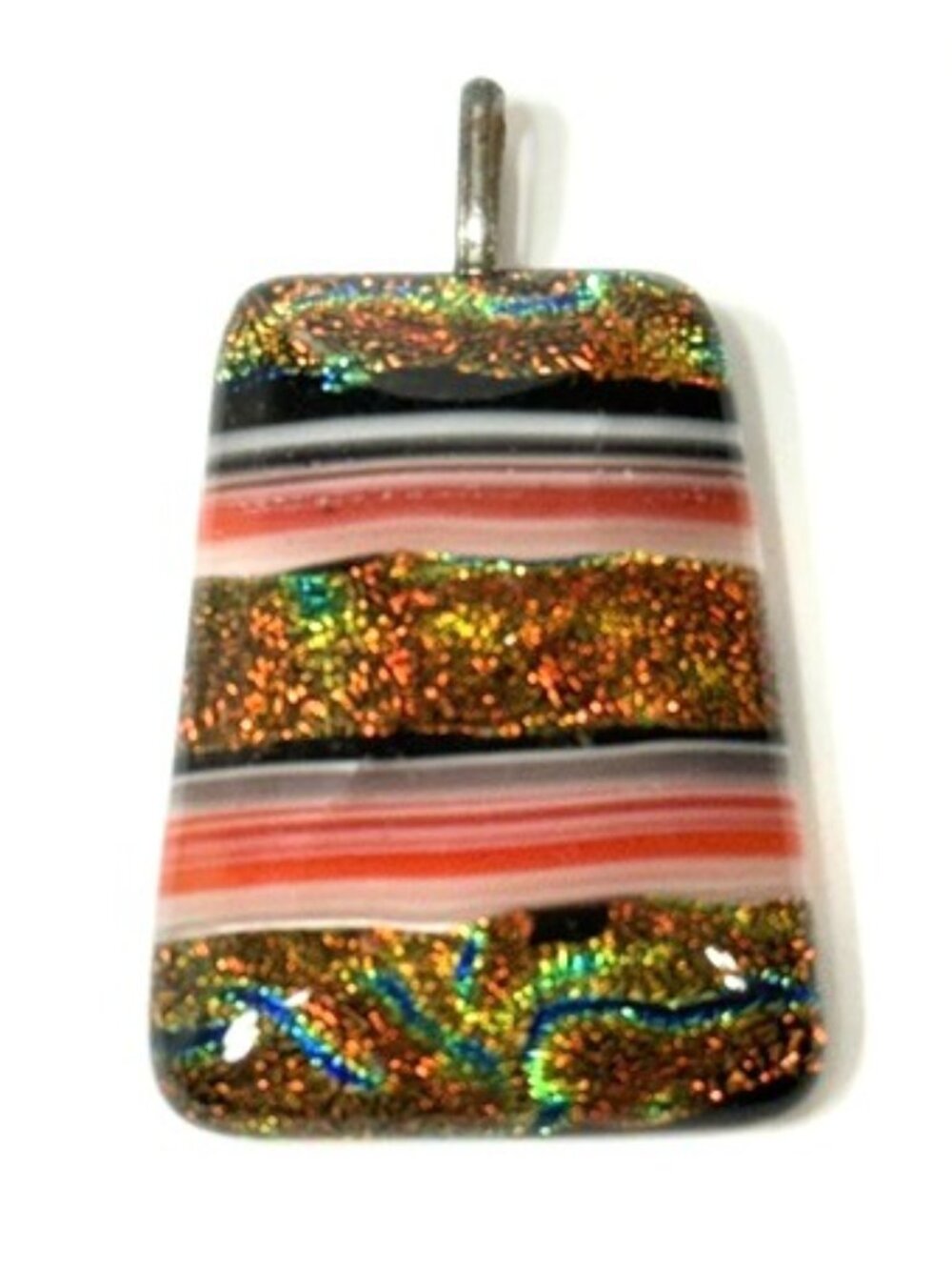 Dichroic glass shimmery rusts pendant.